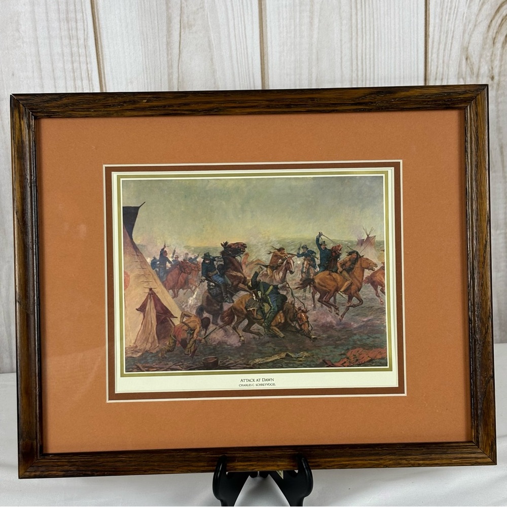 Vintage "Attack at Dawn" by Charles C. Schreyvogel Framed Artwork 8.5 x 10.5 - Picture 1 of 7